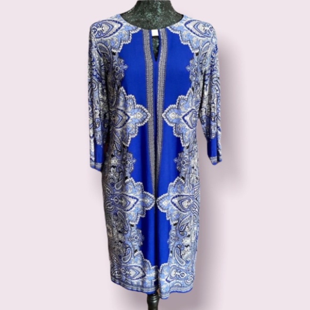 Sandra Darren Blue Symmetrical Medallion Print Dress